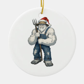 Yeti Abominable Snowman Farmer Funny Holiday Farm Ceramic Ornament