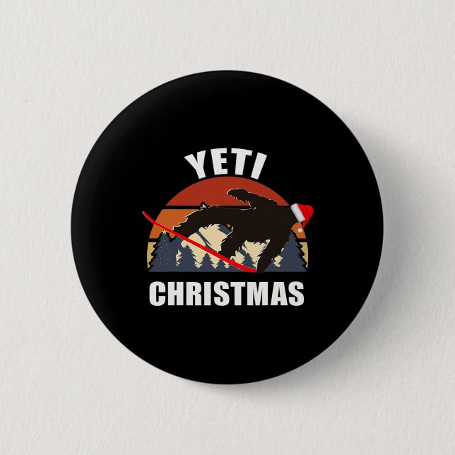 Yeti Christmas - Bigfoot Snowboarding Wearing Red  Button (Front)