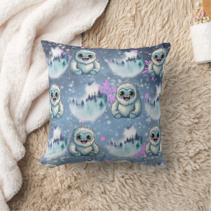 Yeti Sitting Kawaii Snowflakes Pattern Throw Pillow