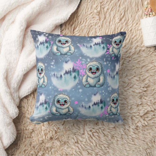 Yeti Sitting Kawaii Snowflakes Pattern Throw Pillow