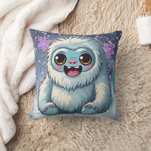 Yeti Sitting Kawaii Snowflakes Print Throw Pillow