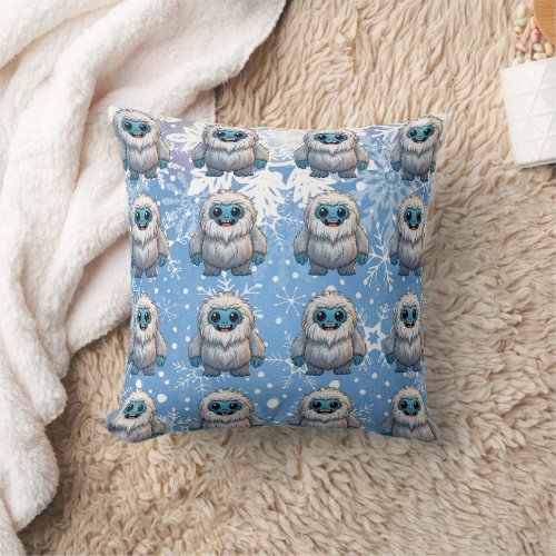 Yeti Standing Cute Kawaii Snowflakes Pattern Throw Pillow