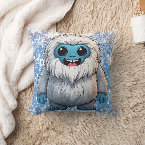 Yeti Standing Cute Kawaii Snowflakes  Throw Pillow