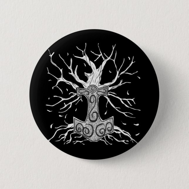 Yggdrasil, the Tree  of Nine Worlds, and  Mjolnir Button (Front)