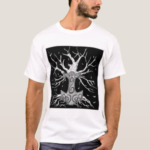 Yggdrasil, the Tree of Nine Worlds, and Mjolnir T-Shirt