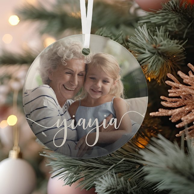 Yiayia Grandma Script Overlay Glass Ornament (Creator Uploaded)
