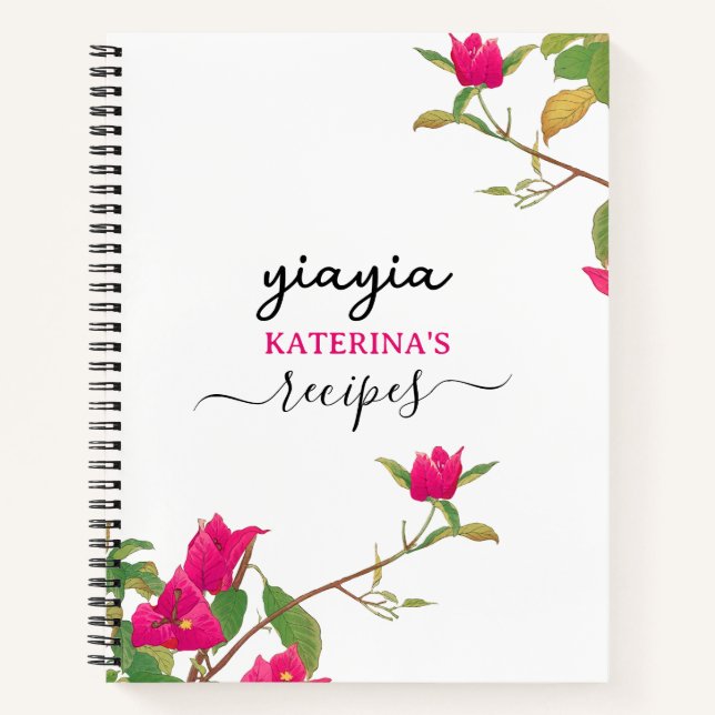Yiayia Greek Grandmother Bougainvillea Recipe Notebook (Front)