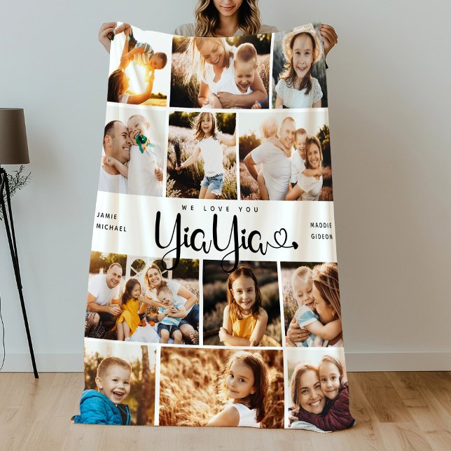 YiaYia We Love you Hearts Modern Photo Collage Fleece Blanket (Creator Uploaded)
