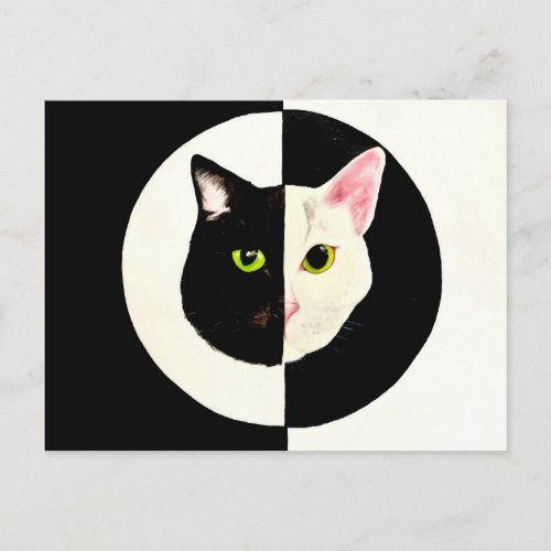 Yin and yang black and white cats faces painting postcard