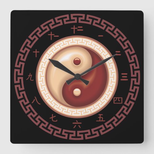 Yin and Yang Chinese Numbers wBorder Square Wall Clock