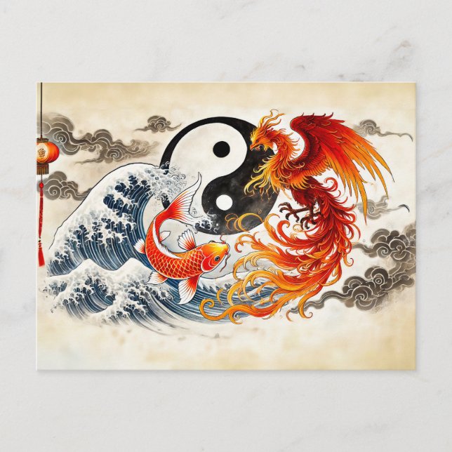 Yin and Yang Koi and Phoenix in Asian Art Style Postcard (Front)