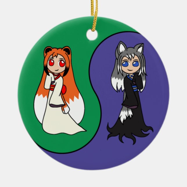 Yin and Yang The Fox Girls (Kitsune) Ceramic Ornament (Front)