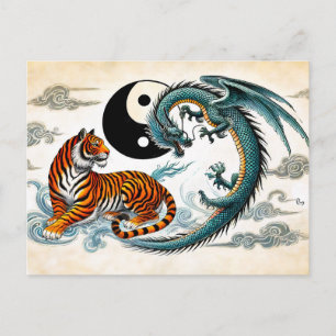 Yin and Yang Tiger and Dragon in Asian Art Style Postcard