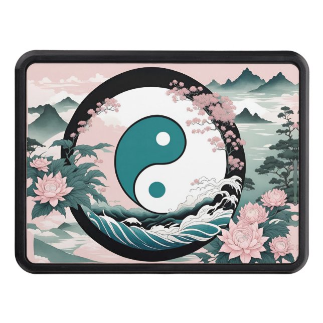 Yin Yan, Floral Mountain Pink Sage Teal Hitch Cover (Front)