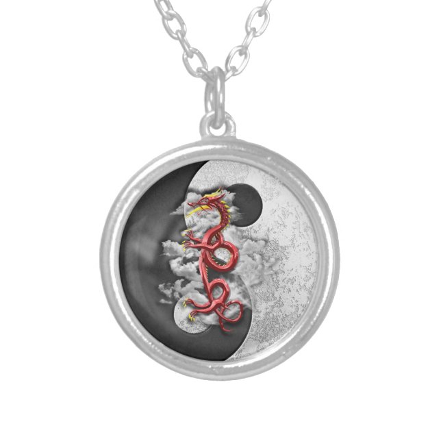 Yin Yang And Dragon Silver Plated Necklace (Front)