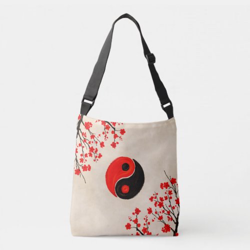 Yin Yang and Sakura Red Blossom Crossbody Bag