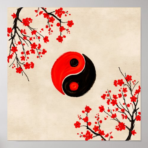 Yin Yang and Sakura Red Blossom Poster