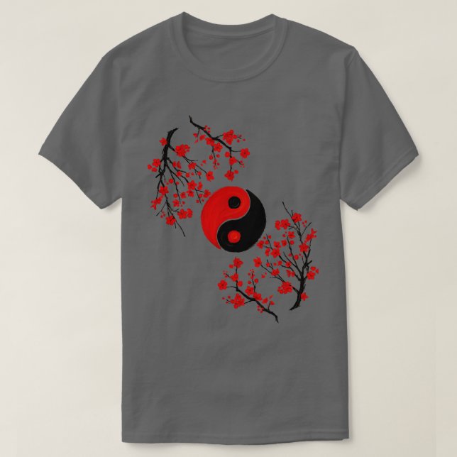 Yin Yang and Sakura Red Blossom  T-Shirt (Design Front)