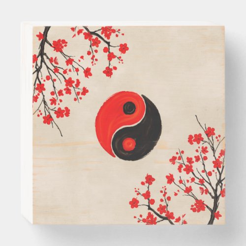 Yin Yang and Sakura Red Blossom Wooden Box Sign