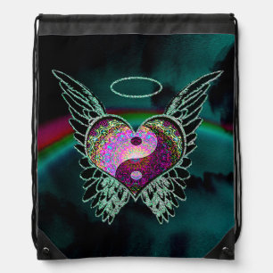 Yin Yang, Angel Wings, Heart and Space Drawstring Bag
