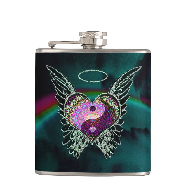 Yin Yang, Angel Wings, Heart and Stars Flask (Front)