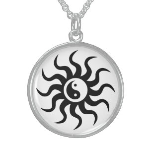 Yin-Yang Aztec Symbol/Black and White Sterling Silver Necklace