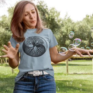 Yin Yang Banyan Tree of Life Monochromatic Blue T-Shirt