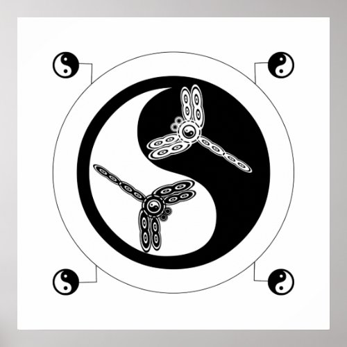 Yin Yang Black and White Figure 8 Dragonflies Post Poster
