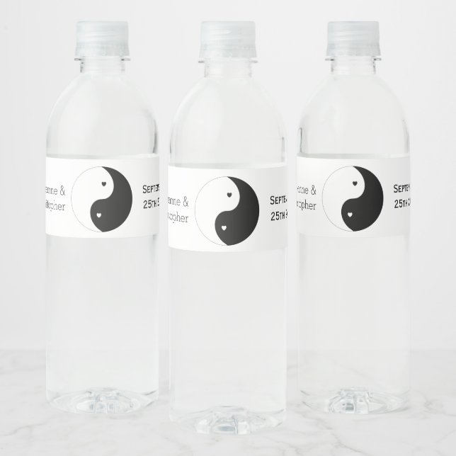 Yin Yang Black And White Hearts Design Wedding Water Bottle Label (Bottles)