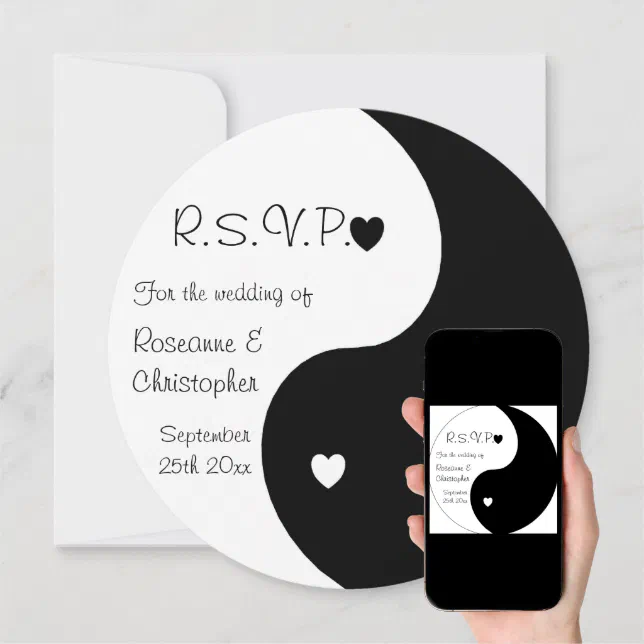 Yin Yang Black And White Hearts RSVP Wedding Invitation | Zazzle