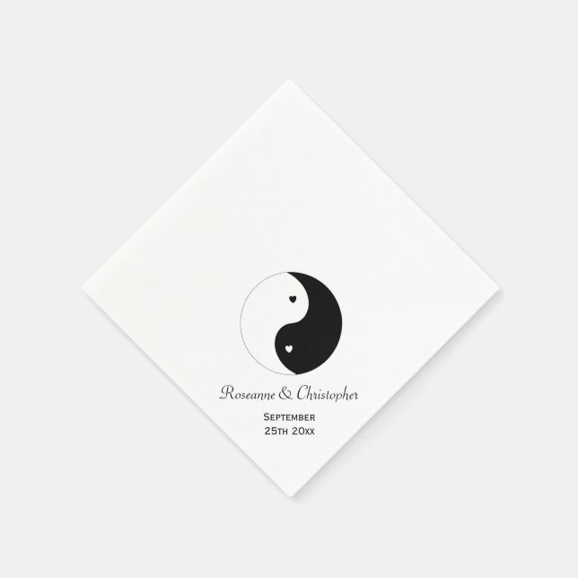 Yin Yang Black And White Hearts Wedding Paper Napkins (Corner)