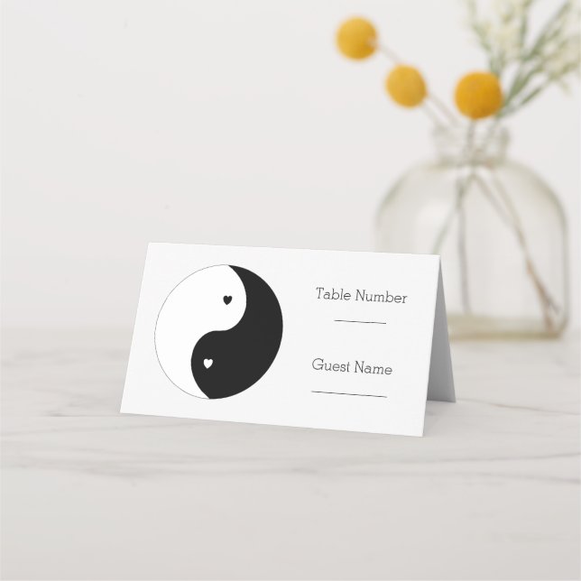 Yin Yang Black And White Hearts Wedding Place Card (Front)