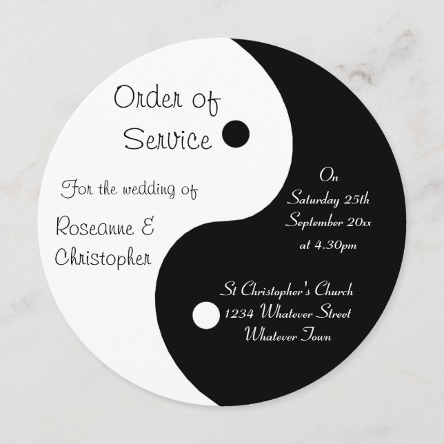 Yin Yang Black And White Wedding Order Of Service Program (Front)