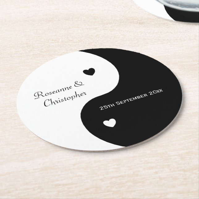Yin Yang Black And White Wedding Round Paper Coaster (Angled)