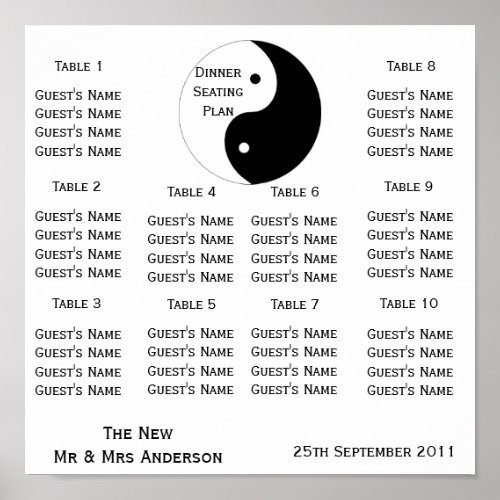 Yin Yang Black And White Wedding Seating Poster