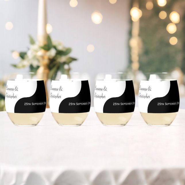 Yin Yang Black And White Wedding Stemless Wine Glass (Insitu (Wedding))