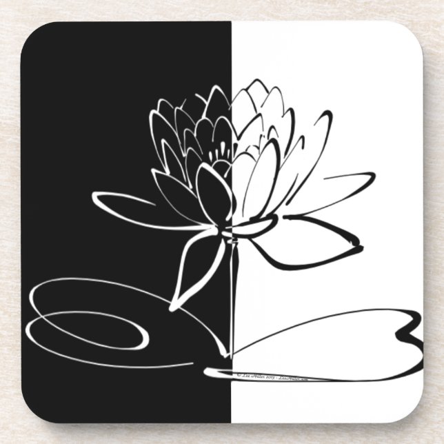 Yin Yang Black White Lotus Blossom Beverage Coaster (Front)