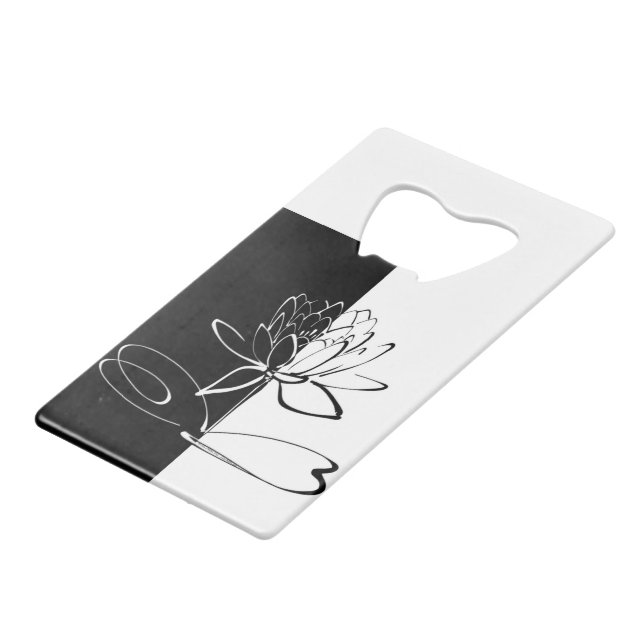 Yin Yang Black White Lotus Blossom Credit Card Bottle Opener (Front Angled)
