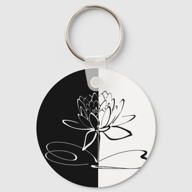 Yin Yang Black White Lotus Blossom Keychain (Front)