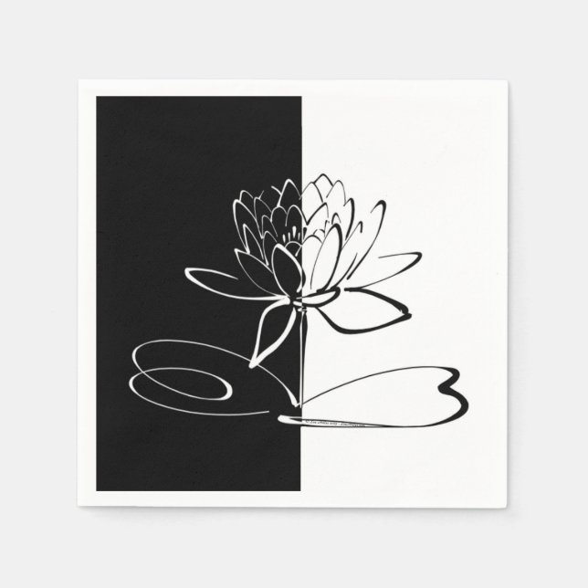 Yin Yang Black White Lotus Blossom Paper Napkins (Front)