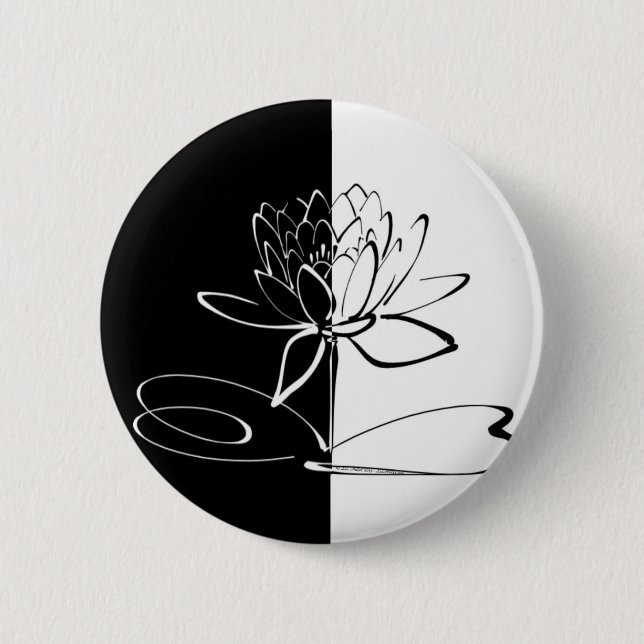 Yin Yang Black White Lotus Blossom Pinback Button (Front)