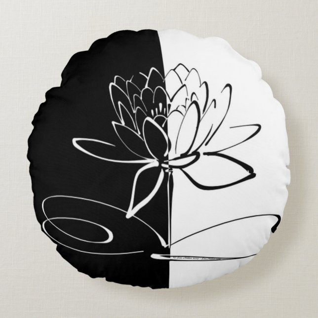 Yin Yang Black White Lotus Blossom Round Pillow (Front)
