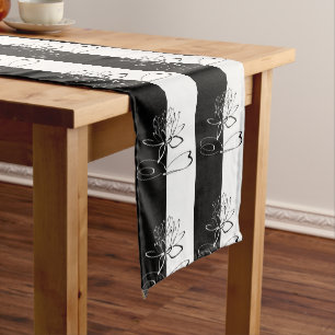 Yin Yang Black White Lotus Blossom Short Table Runner