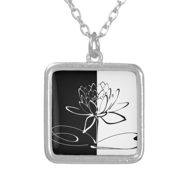Yin Yang Black White Lotus Blossom Silver Plated Necklace (Front)