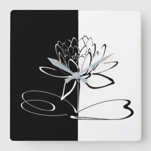 Yin Yang Black White Lotus Blossom Square Wall Clock