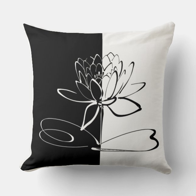 Yin Yang Black White Lotus Blossom Throw Pillow (Front)