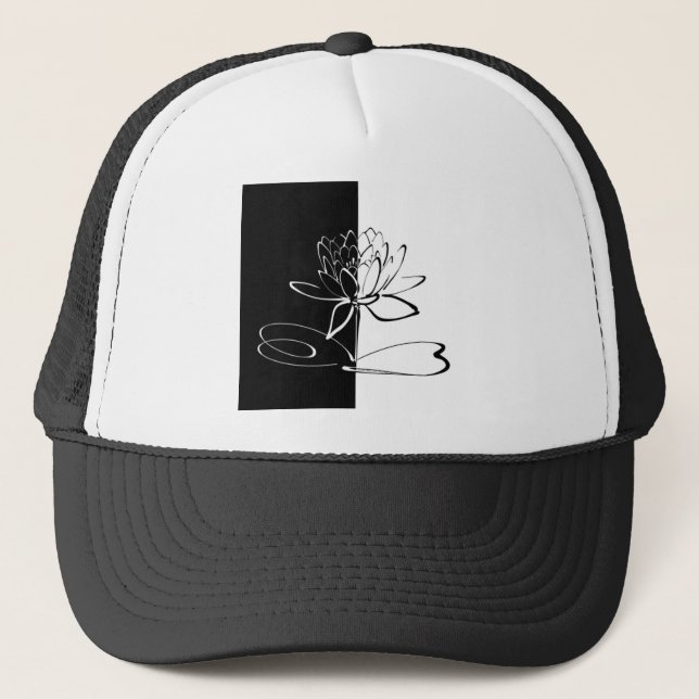 Yin Yang Black White Lotus Blossom Trucker Hat (Front)