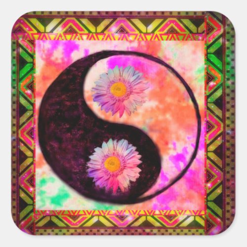 Yin Yang Boho Aztec Peace Love Tie Dye Rainbow Square Sticker