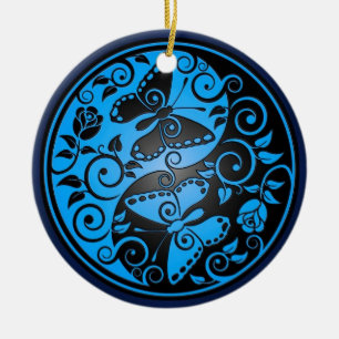Yin Yang Butterflies, blue & black Ceramic Ornament