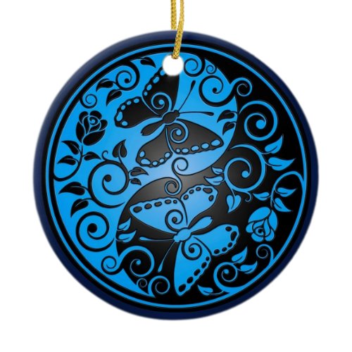 Yin Yang Butterflies, blue &amp; black Ceramic Ornament